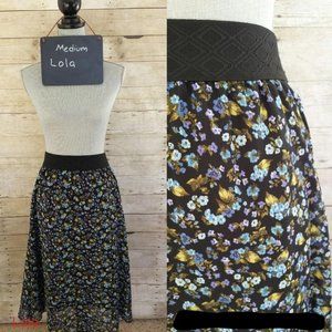 NWT LuLaRoe Medium Lola Skirt - Chiffon Blue Flowers on Black